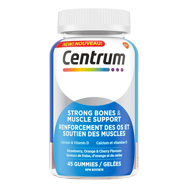 Centrum - Strong Bones & Muscle Support - with Calcium & Vitamin D - Assorted Flavours | 45 Gummy Vitamins
