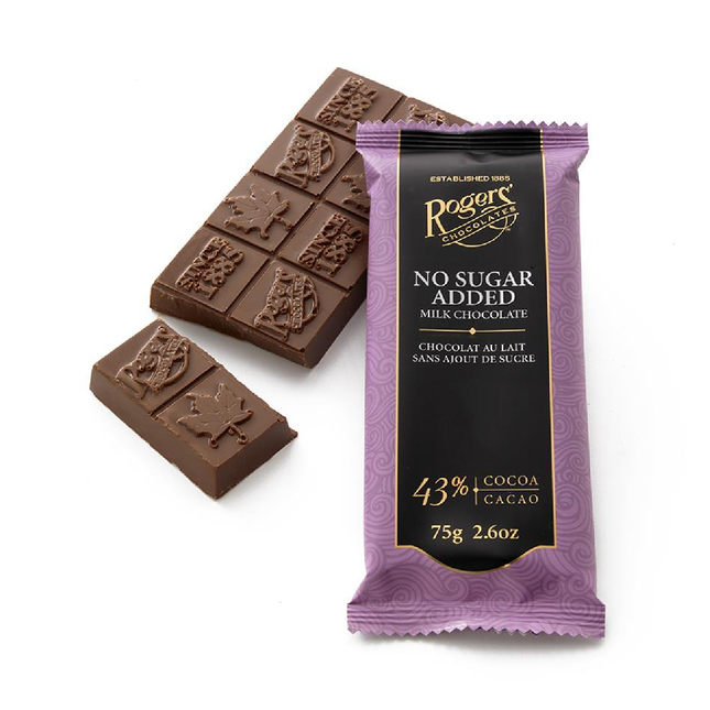 Rogers' Chocolates - Milk Chocolate - No Sugar Added, 43% Cocoa | 75 g