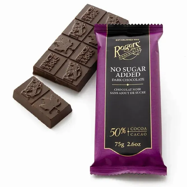 Rogers' Chocolates - No Sugar Added Dark Chocolate Bar - 50% Cocoa | 75 g