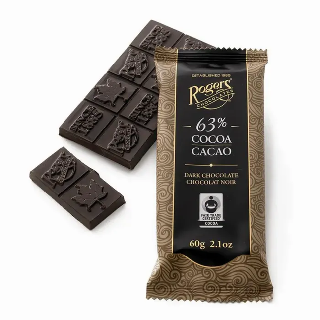 Barre de chocolat noir Roger's Chocolates - 63 % de cacao | 60g