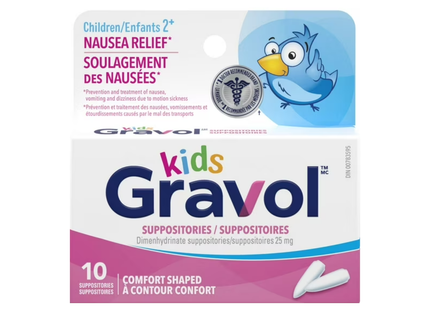 Gravol - Suppositoires en forme de confort pour enfants 25 mg - Enfants | 10 suppositoires