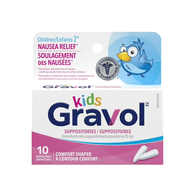 Gravol - Suppositoires en forme de confort pour enfants 25 mg - Enfants | 10 suppositoires