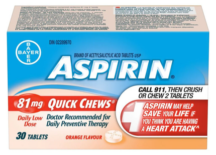 Aspirin - 81 mg Quick Chews Tablets - Orange Flavour | 30 Tablets