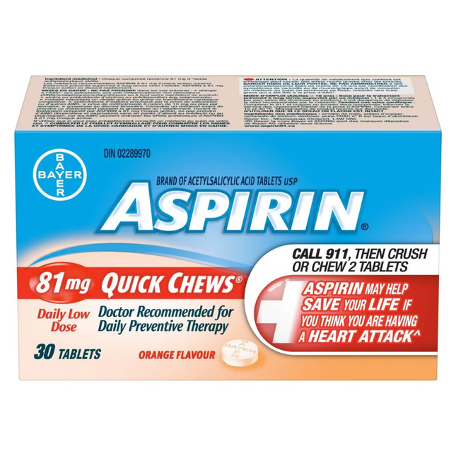 Aspirin - 81 mg Quick Chews Tablets - Orange Flavour | 30 Tablets
