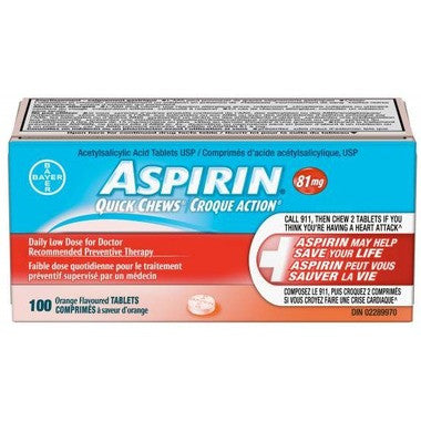 Aspirin - Quick Chews Tablets - 81 mg - Orange Flavour | 100 Tablets