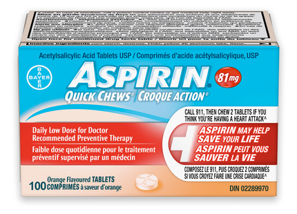 Aspirin - Quick Chews Tablets 81 mg, Orange Flavour | 100 Tablets