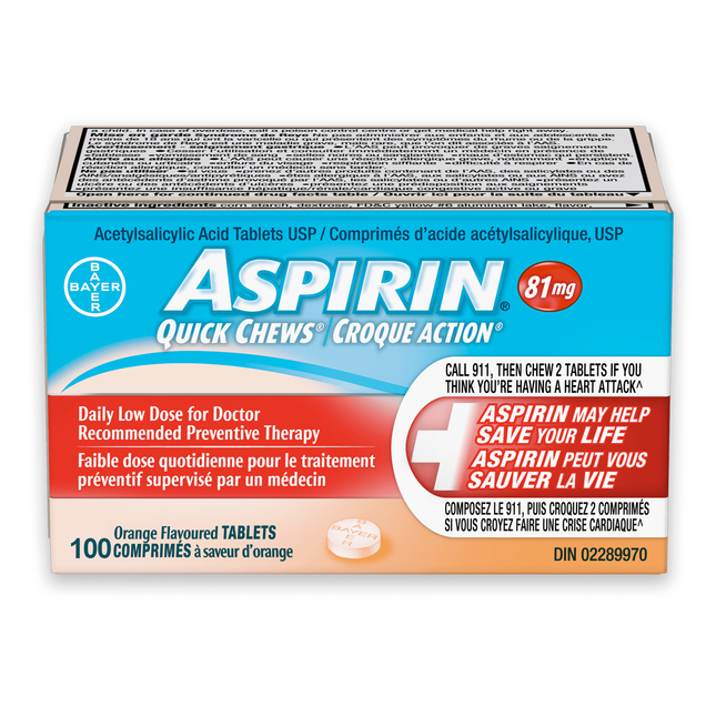 Aspirin - Quick Chews Tablets 81 mg, Orange Flavour | 100 Tablets