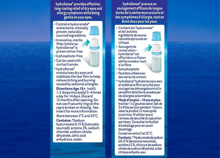 HydraSense – Gouttes oculaires complètes contre les allergies sans agent de conservation à protection prolongée | 10 ml