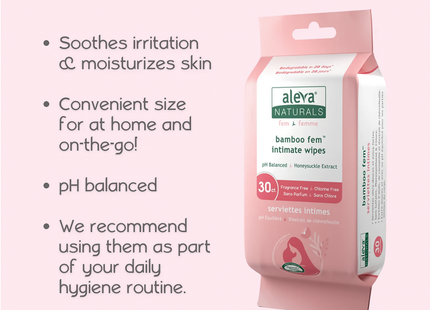 Lingettes intimes féminines en bambou Aleva Naturals, pH équilibré | 30 lingettes