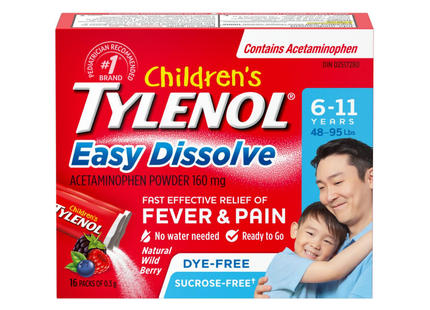 Tylenol - Children's Tylenol - Easy Dissolve Acetaminophen Powder 160 mg  -  Natural Wild berry Flavor - 6 to 11 Years | 16 Packs