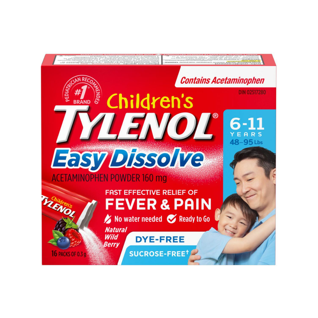 Tylenol - Children's Tylenol - Easy Dissolve Acetaminophen Powder 160 mg  -  Natural Wild berry Flavor - 6 to 11 Years | 16 Packs