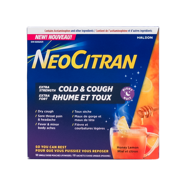 NeoCitran - Extra Strength Cold & Cough Night, Honey Lemon | 10 Pouches