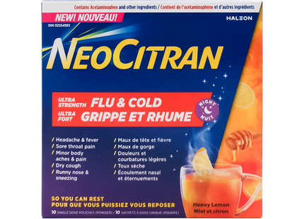 NeoCitran - Ultra Strength Flu & Cold Night, Honey Lemon | 10 Pouches
