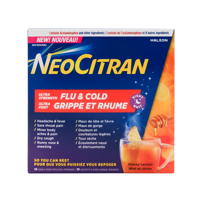 NeoCitran - Ultra Strength Flu & Cold Night, Honey Lemon | 10 Pouches