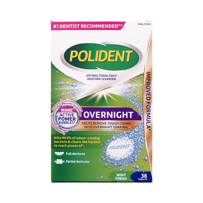 Polident - Overnight Antibacterial Daily Cleanser for Dentures | 36 Tablets