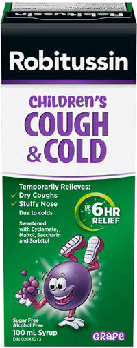 Robitussin - Children's Cough & Cold Syrup - Sugar & Alcohol Free - Grape Flavour | 100 mL