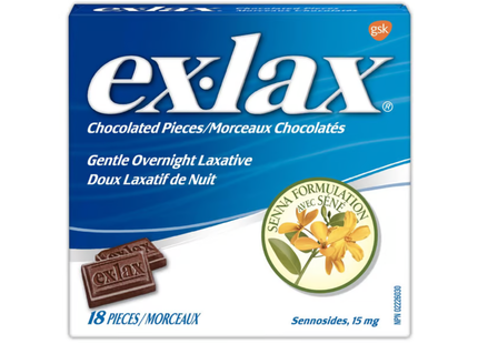 Ex-Lax - Comprimés de chocolat laxatifs doux de nuit 15 mg | 18 comprimés