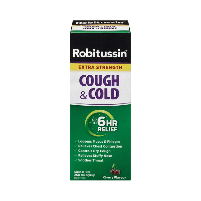 Robitussin - Soulagement de la toux et du rhume 6 heures - Saveur cerise | 250 ml