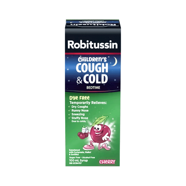 Robitussin - Sirop contre la toux et le rhume pour enfants au coucher - Sans sucre ni alcool - Saveur cerise | 100 ml