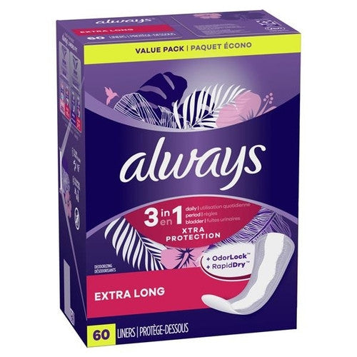Always - 3 in 1 Xtra Protection Liners - Extra Long | Value Pack - 60 Liners