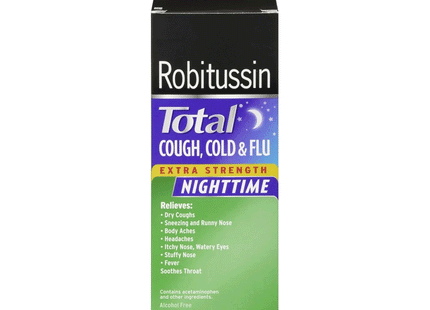 Robitussin - Sirop multi-symptômes extra fort pour la nuit totale contre la toux, le rhume et la grippe - Saveur de cerise | 240 ml