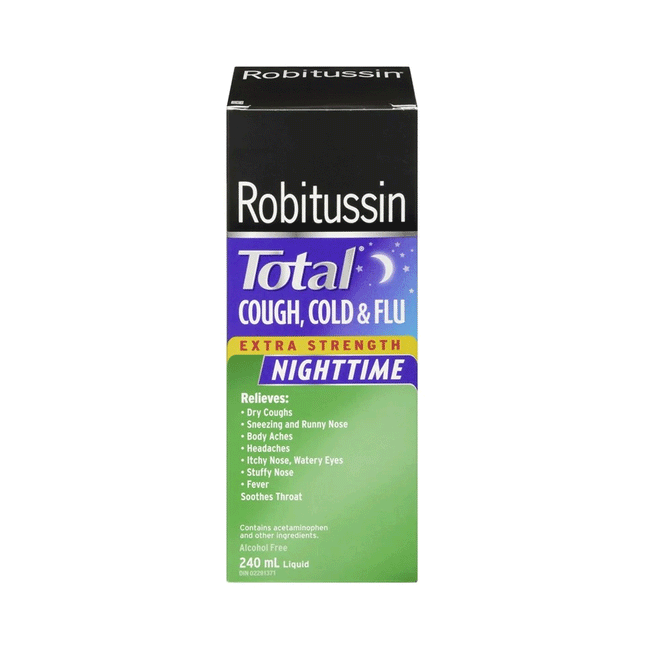 Robitussin - Total Cough, Cold & Flu Nighttime Extra Strength Multi-Symptom Syrup - Cherry Flavour | 240 ml