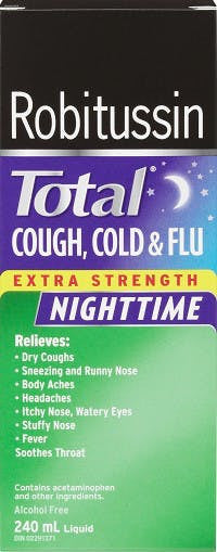 Robitussin - Total Cough, Cold & Flu Nighttime Extra Strength Multi-Symptom Syrup - Cherry Flavour | 240 ml