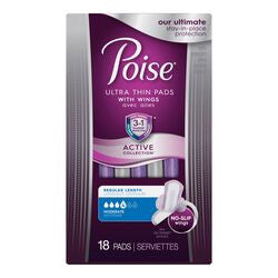 Poise - Active Collection - Regular length Ultra Thin Pads with No Slip Wings - Moderate Absorbency | 18 Pads