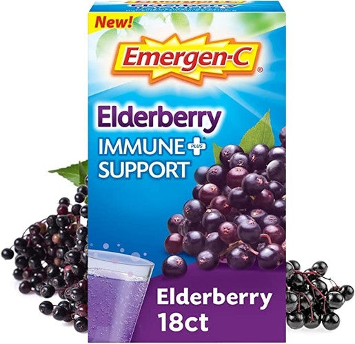 Emergen-C - Immune + - Mélange pour boissons gazeuses aromatisées au sureau - Supplément de vitamines et de minéraux | 18 paquets