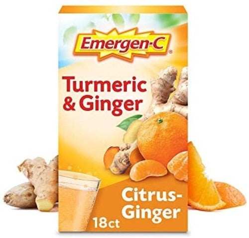 Emergen-C - Curcuma et gingembre - Soutien immunitaire + Botaniques - Mélange pour boissons gazeuses à saveur d'agrumes et de gingembre - Supplément de vitamines et de minéraux | 18 paquets