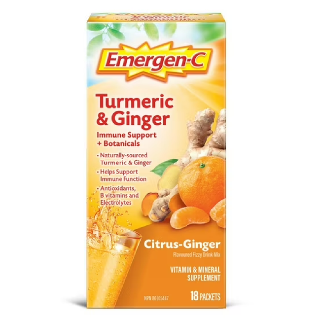 Emergen-C - Tumeric & Ginger - Immune Support + Botanicals -  Citrus -Ginger Flavour Fizzy Drink Mix  - Vitamin & Mineral Supplement | 18 Packets