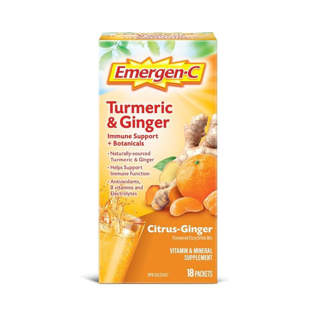 Emergen-C - Curcuma et gingembre - Soutien immunitaire + Botaniques - Mélange pour boissons gazeuses à saveur d'agrumes et de gingembre - Supplément de vitamines et de minéraux | 18 paquets