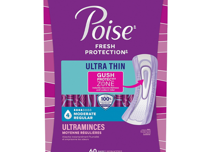 Poise – Serviettes sans ailettes ultra-minces pour l’incontinence – Flux modéré | 60 serviettes