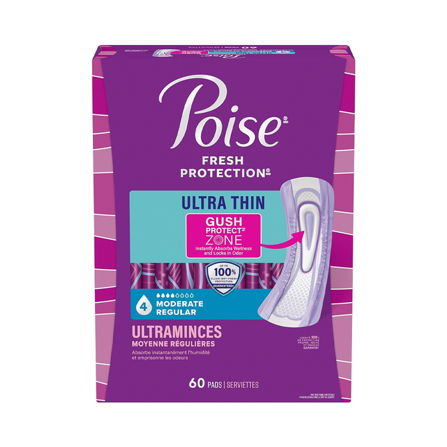 Poise - Ultra Thin Incontinence Wingless Pads - Moderate Regular | 60 Pads