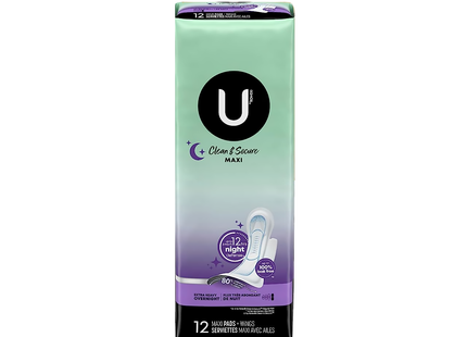 U BY KOTEX  - Clean & Secure Maxi Pads - Extra Heavy Overnight | 12 Maxi Pads + Wings