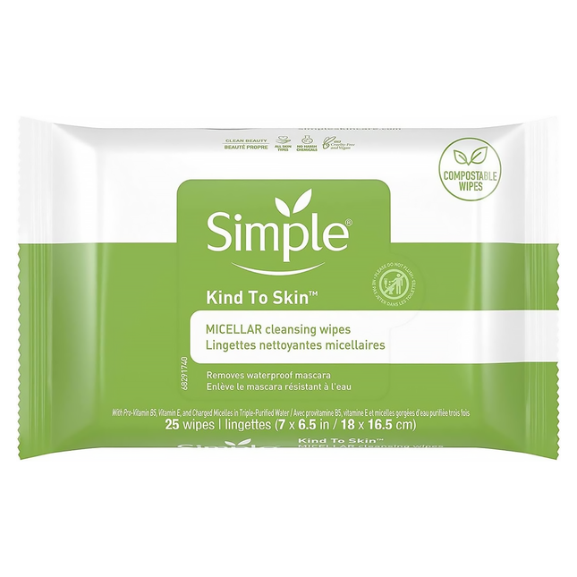 Simple - Lingettes nettoyantes micellaires Kind To Skin | 25 lingettes