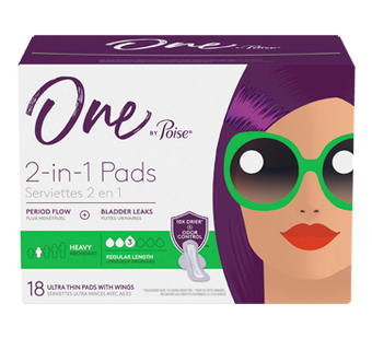 One by Poise - 2 in 1 Ultra Thin Pads with Wings - Regular Length - Heavy Absorbency | 18 Pads