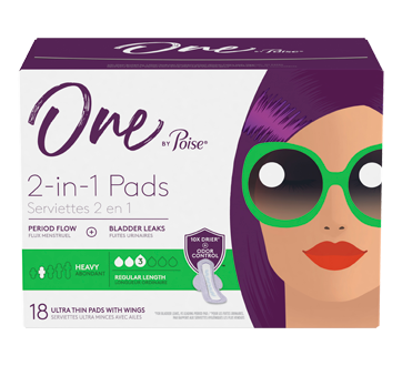 One by Poise - 2 in 1 Ultra Thin Pads with Wings - Regular Length - Heavy Absorbency | 18 Pads