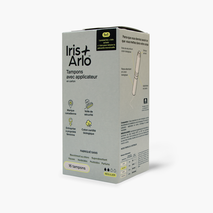 Iris + Arlo - Tampons en coton biologique avec applicateur, format régulier | 16 tampons