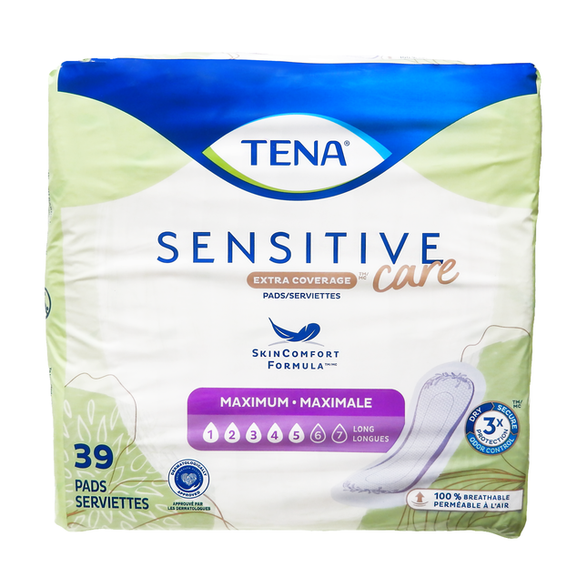 Tena - Sensitive Extra Coverage Pads for Women - Maximum Absorbency - Long | 39 Count