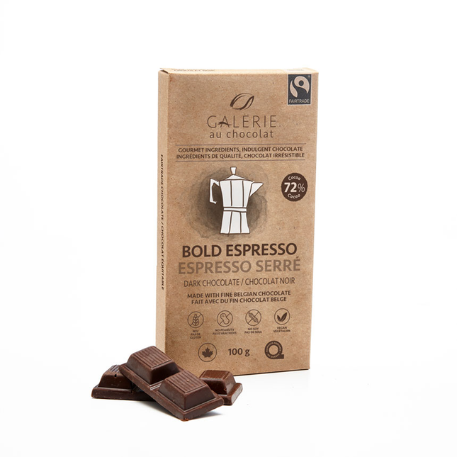 Galerie Au Chocolat - Commerce équitable - Bold Espresso - Barre de chocolat noir 72 % | 100g