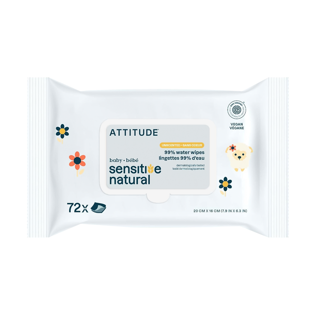 Attitude - Sensitive Natural 99% Water Unscented Baby Wipes | 72 Wipes