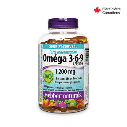 Webber Naturals - Oméga 3-6-9 haute puissance 1200 mg - Poisson, lin et bourrache | 180 gélules entériques claires