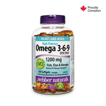 Webber Naturals - Oméga 3-6-9 haute puissance 1200 mg - Poisson, lin et bourrache | 180 gélules entériques claires
