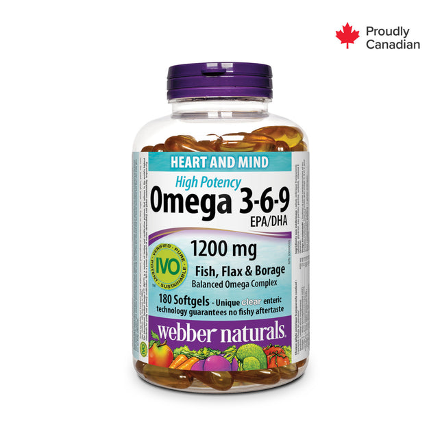 Webber Naturals - Oméga 3-6-9 haute puissance 1 200 mg | 180 gélules molles entériques transparentes