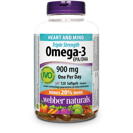 Webber Naturals - Oméga-3 triple force 900 mg EPA/DHA | BONUS 100+20 Gélules