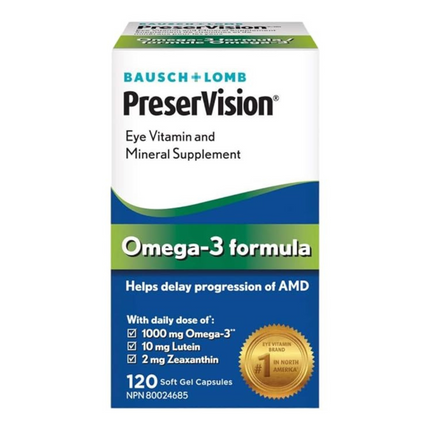 Bausch + Lomb - Supplément de vitamines et de minéraux pour les yeux Formule oméga-3 PreserVision | 120 gélules molles