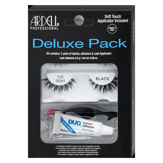 Ardell - Deluxe Pack Eyelash Kit - Demi 120 - Black | 2 Pairs of Lashes - Adhesive & Lash Applicator