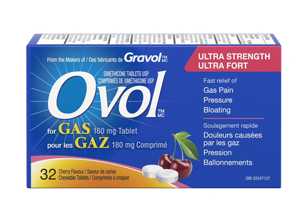 Ovol - Cherry Flavour Chewable Tablets for Gas, Ultra Strength | 32 Tablets