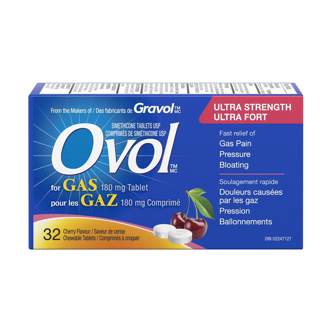 Ovol - Cherry Flavour Chewable Tablets for Gas, Ultra Strength | 32 Tablets